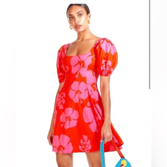 NWT STAUD Hibiscus Flower Puff Sleeve Mini Dress | Size 4 - Picture 1 of 5
